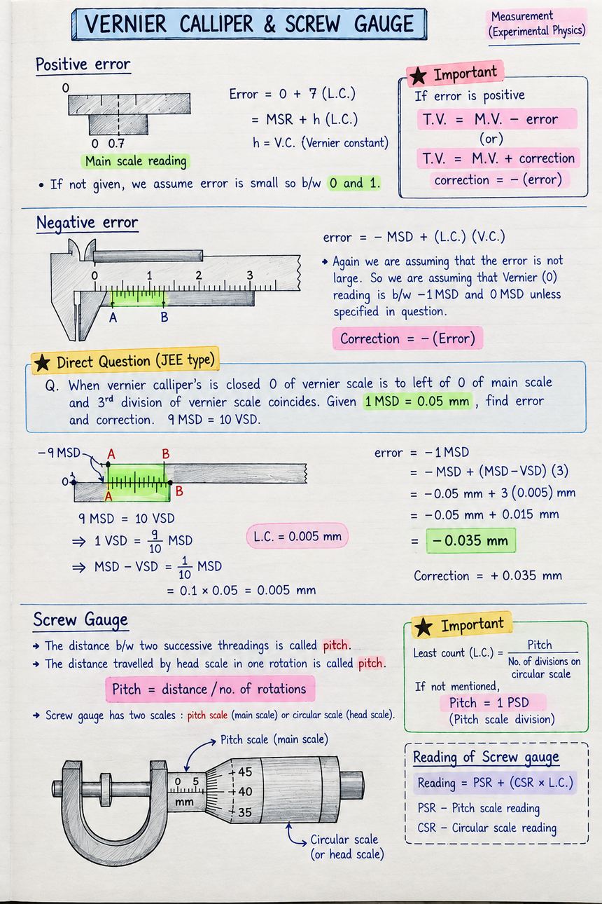 Real topper handwritten Physics notes — Vernier calliper and screw gauge, AI-enhanced